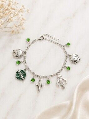 Star Wars Inspired Mandalorian Charm Bracelet Silver Green Sci Fi Collector